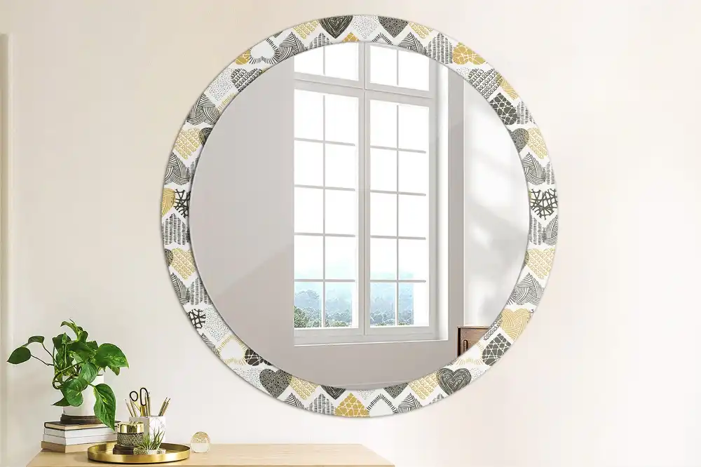 Miroir rond cadre avec impression cœurs doodle