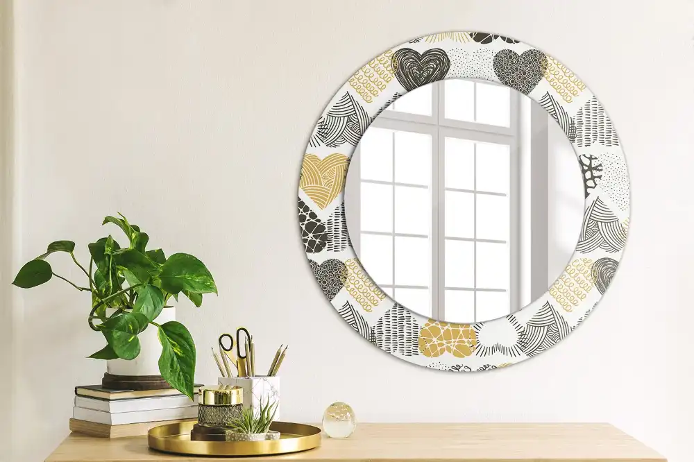 Miroir rond cadre avec impression cœurs doodle