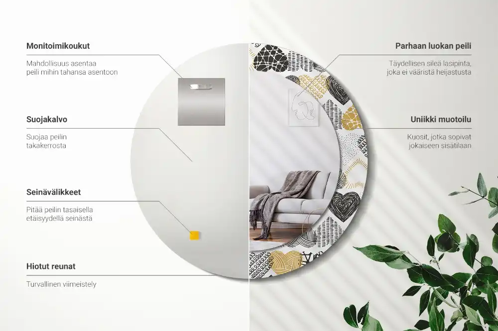 Miroir rond cadre avec impression cœurs doodle