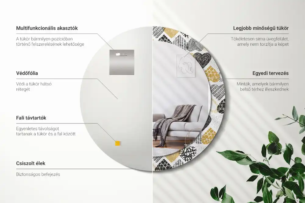 Miroir rond cadre avec impression cœurs doodle