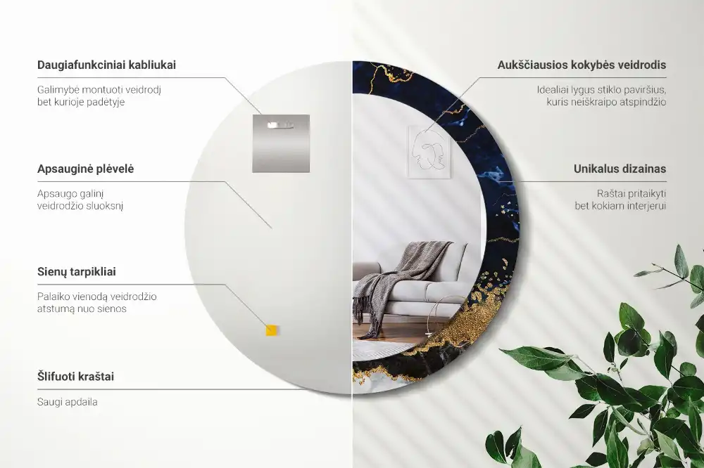 Miroir rond imprimé marbre bleu