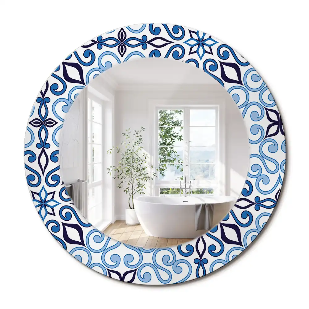 Miroir rond cadre avec impression motif arabe bleu