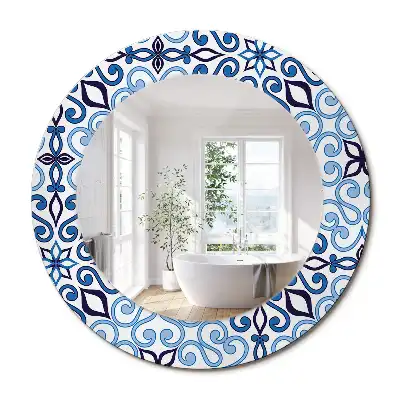 Miroir rond cadre avec impression motif arabe bleu
