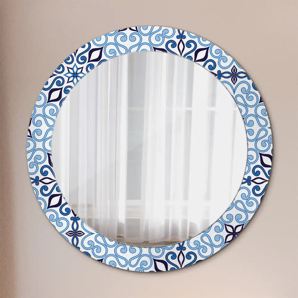 Miroir rond cadre avec impression motif arabe bleu