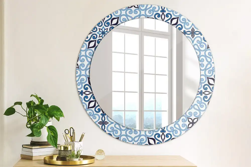 Miroir rond cadre avec impression motif arabe bleu