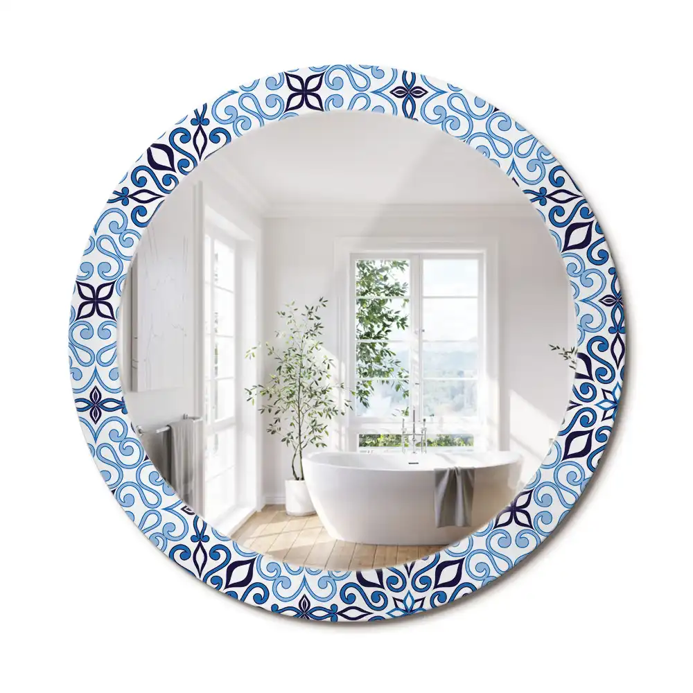 Miroir rond cadre avec impression motif arabe bleu