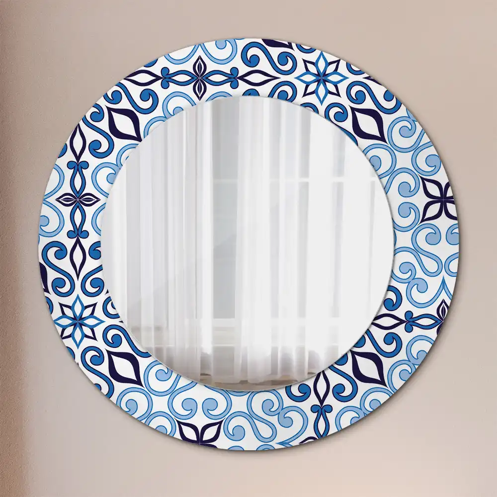 Miroir rond cadre avec impression motif arabe bleu