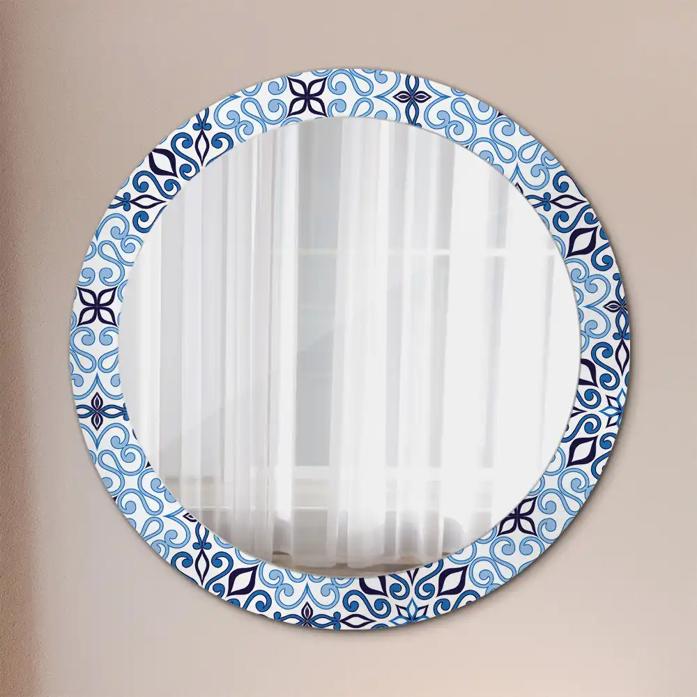 Miroir rond cadre avec impression motif arabe bleu