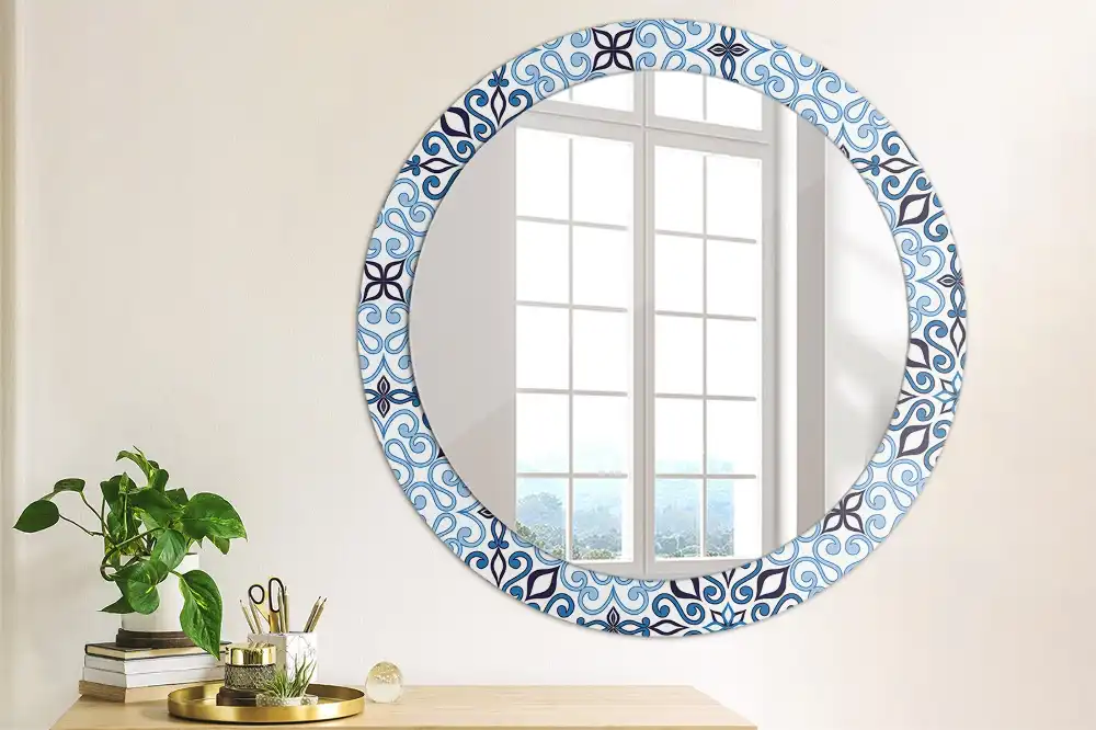 Miroir rond cadre avec impression motif arabe bleu