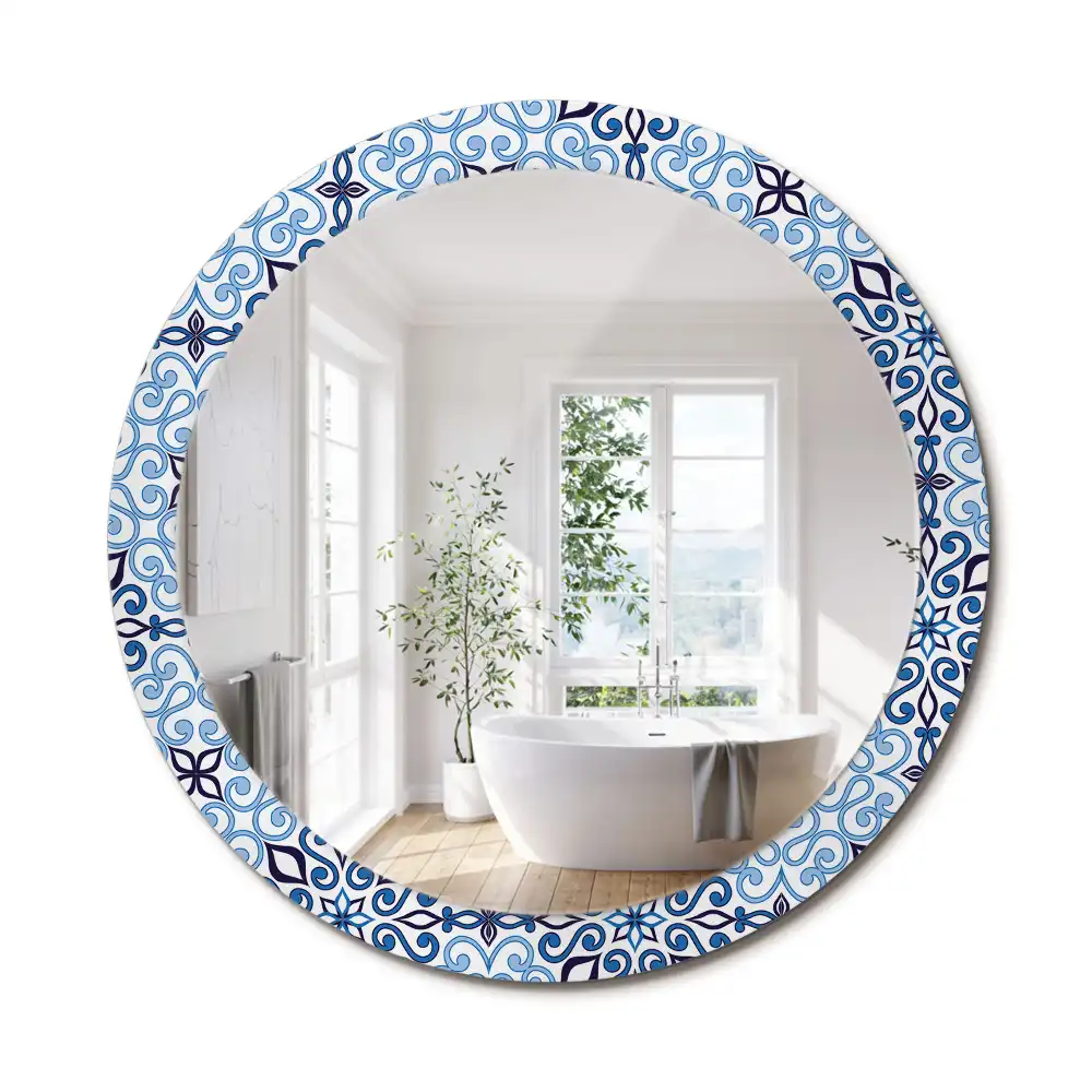 Miroir rond cadre avec impression motif arabe bleu