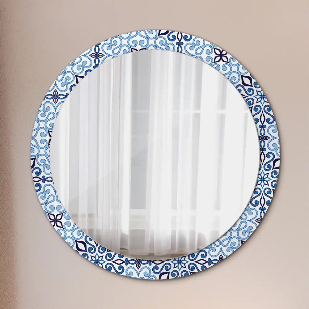 Miroir rond cadre avec impression motif arabe bleu