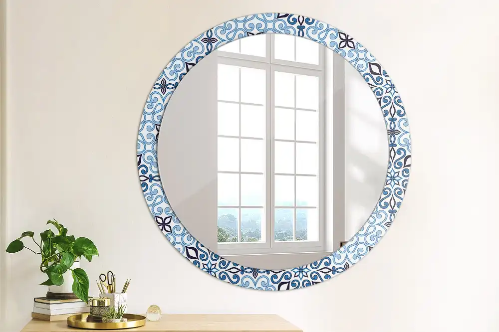 Miroir rond cadre avec impression motif arabe bleu