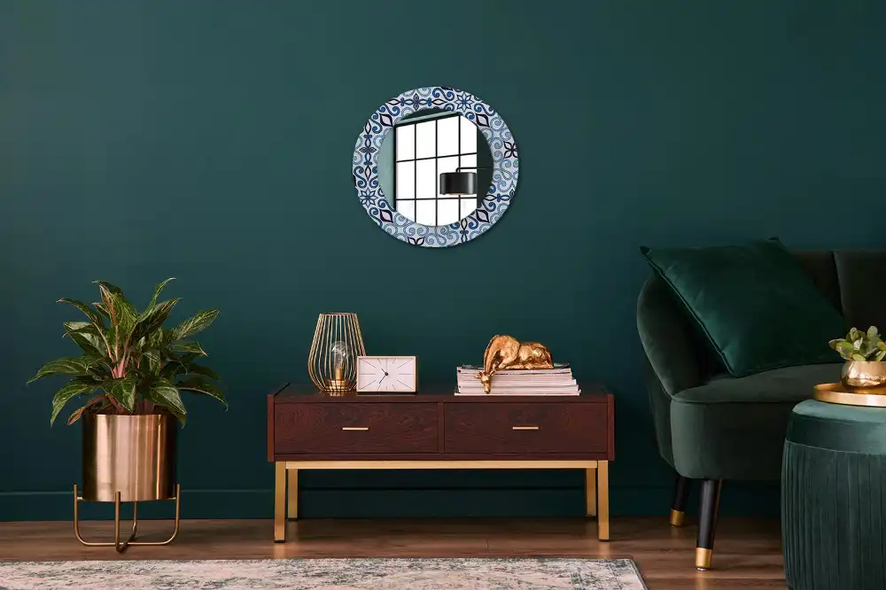 Miroir rond cadre avec impression motif arabe bleu