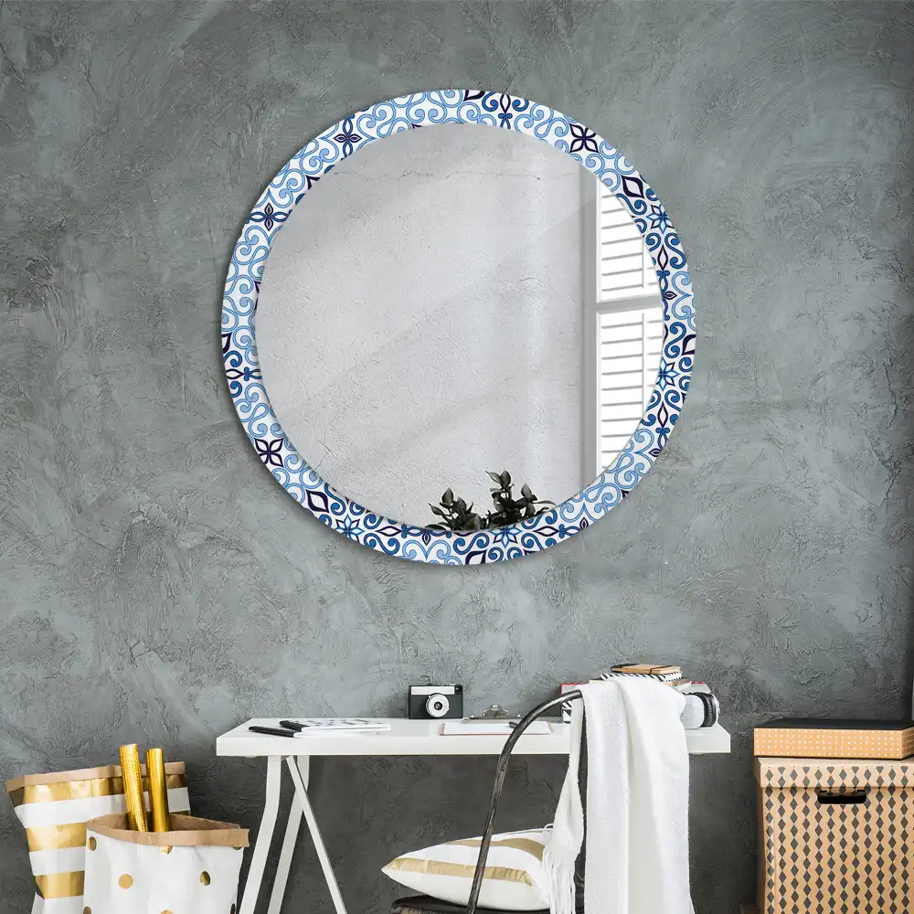 Miroir rond cadre avec impression motif arabe bleu