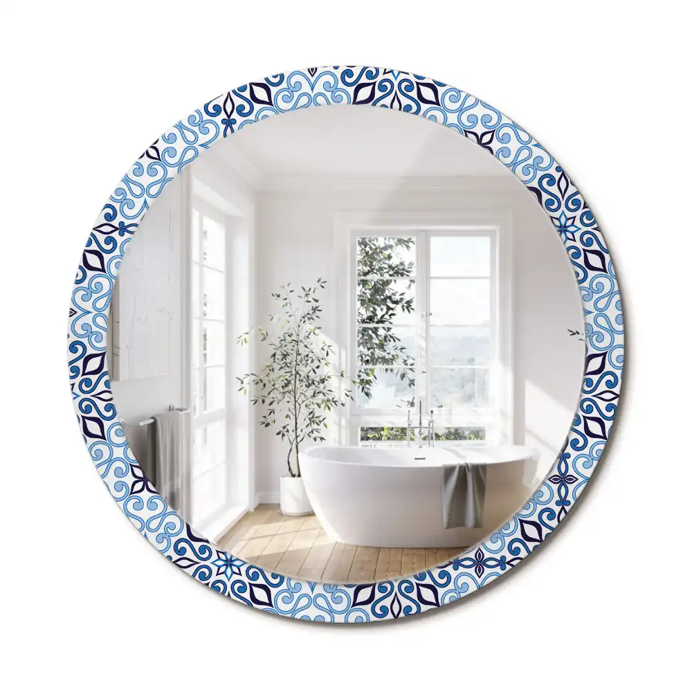 Miroir rond cadre avec impression motif arabe bleu