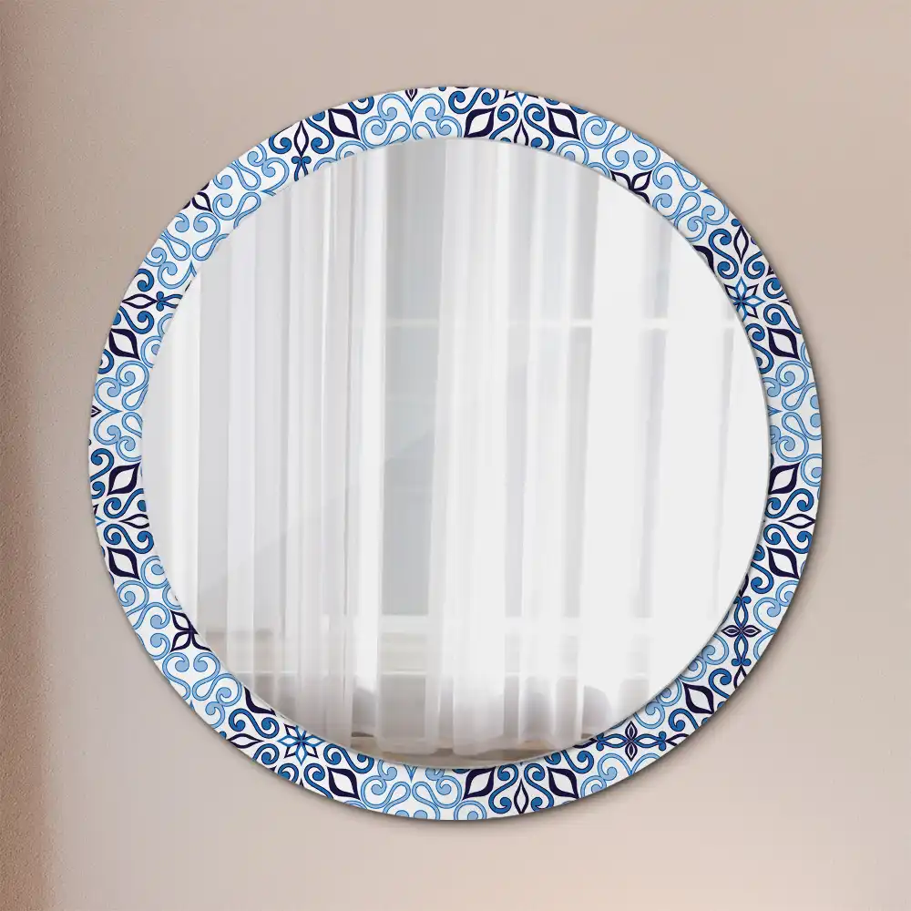 Miroir rond cadre avec impression motif arabe bleu