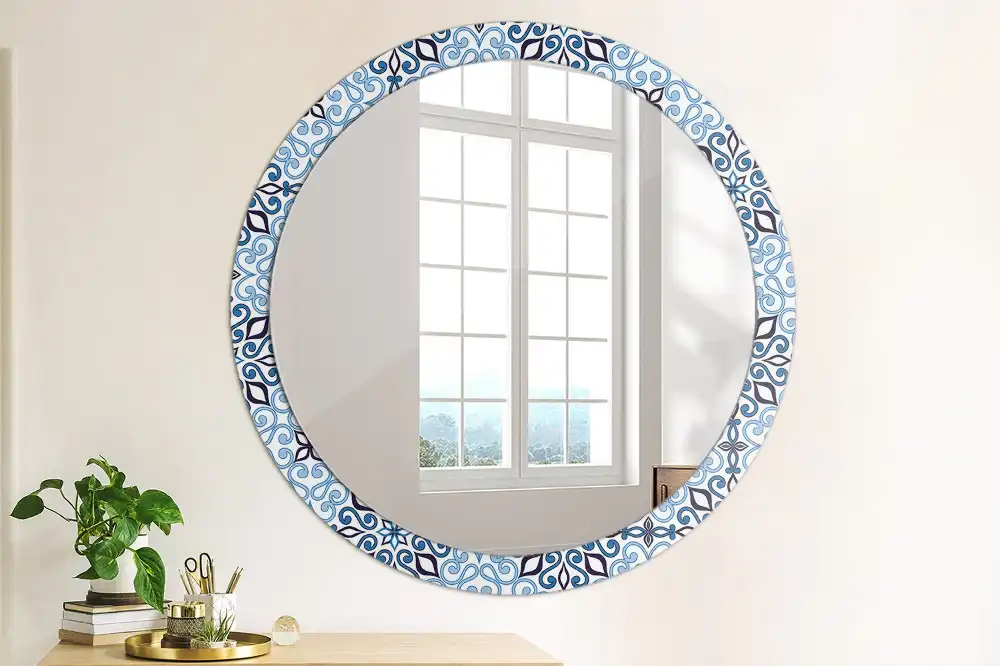 Miroir rond cadre avec impression motif arabe bleu
