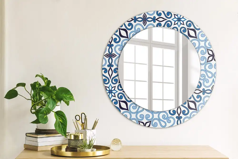 Miroir rond cadre avec impression motif arabe bleu