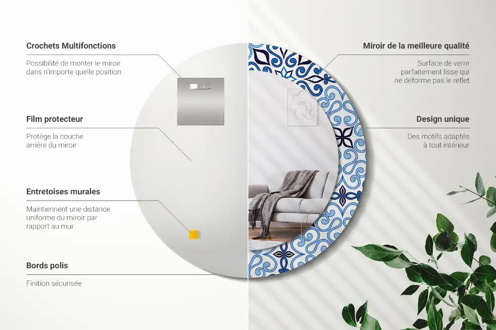 Miroir rond cadre avec impression motif arabe bleu