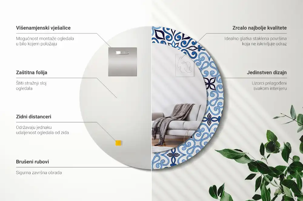 Miroir rond cadre avec impression motif arabe bleu