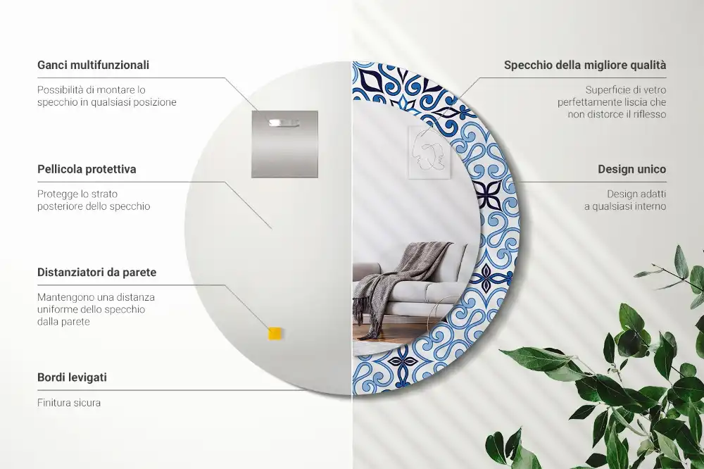 Miroir rond cadre avec impression motif arabe bleu