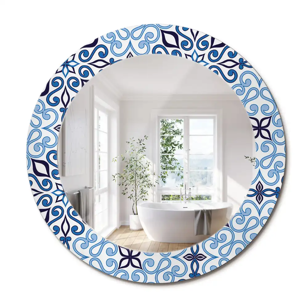 Miroir rond cadre avec impression motif arabe bleu