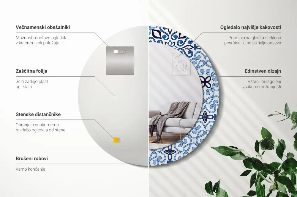 Miroir rond cadre avec impression motif arabe bleu
