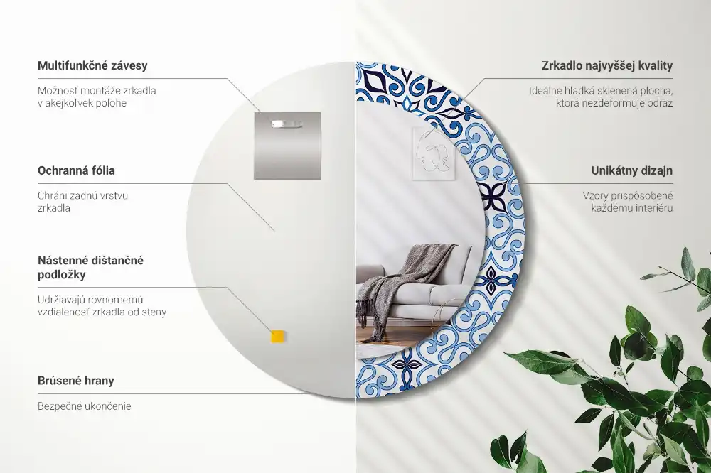 Miroir rond cadre avec impression motif arabe bleu