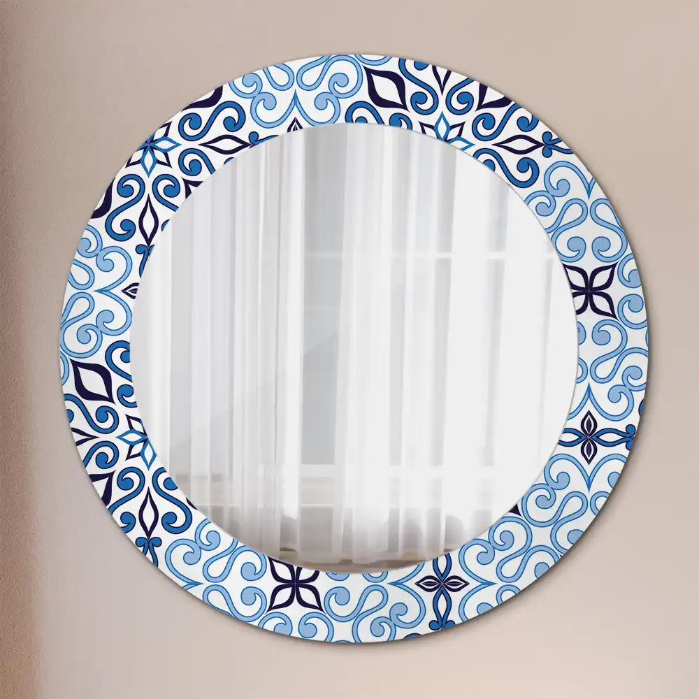 Miroir rond cadre avec impression motif arabe bleu