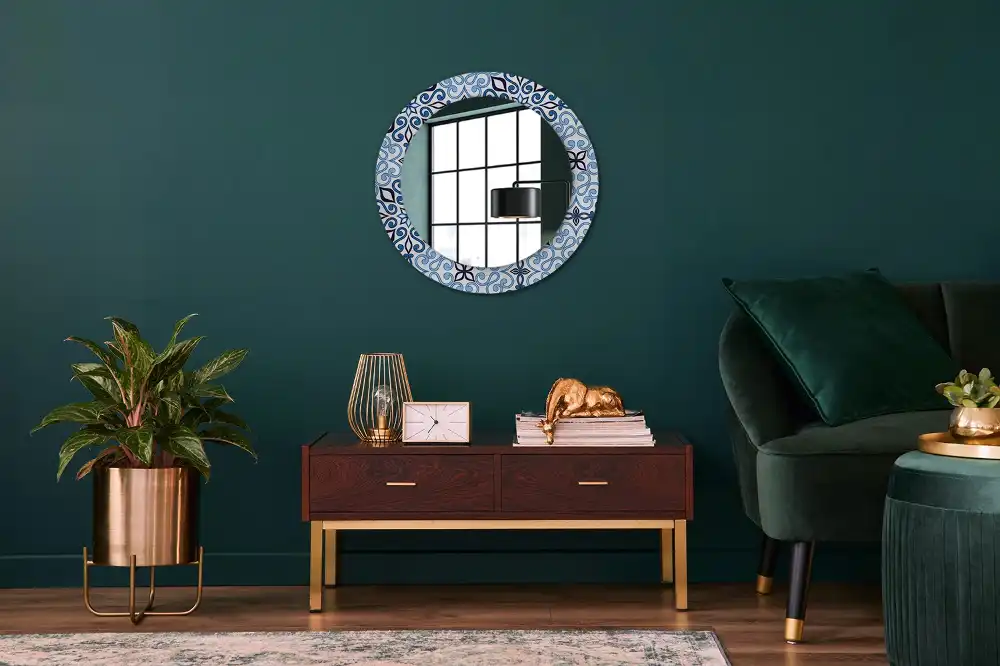 Miroir rond cadre avec impression motif arabe bleu
