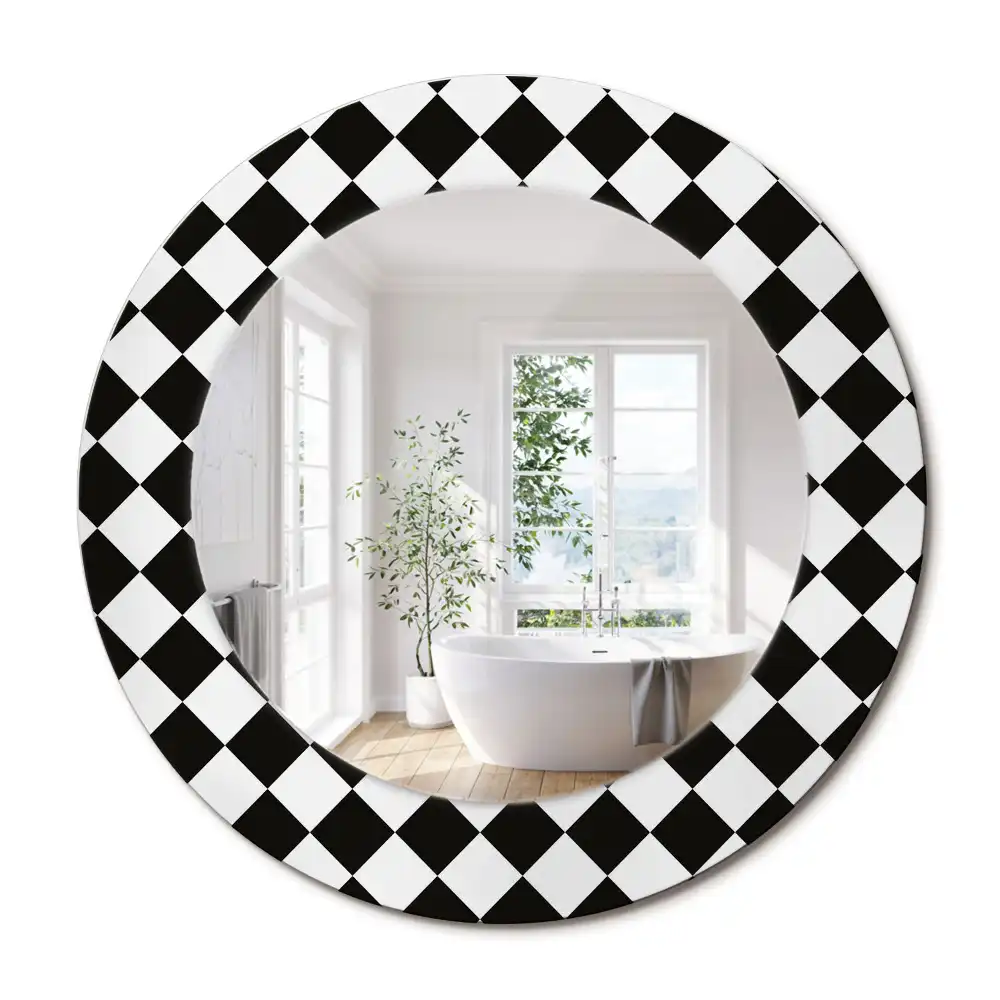 Miroir rond cadre avec impression motif damier pour bureau