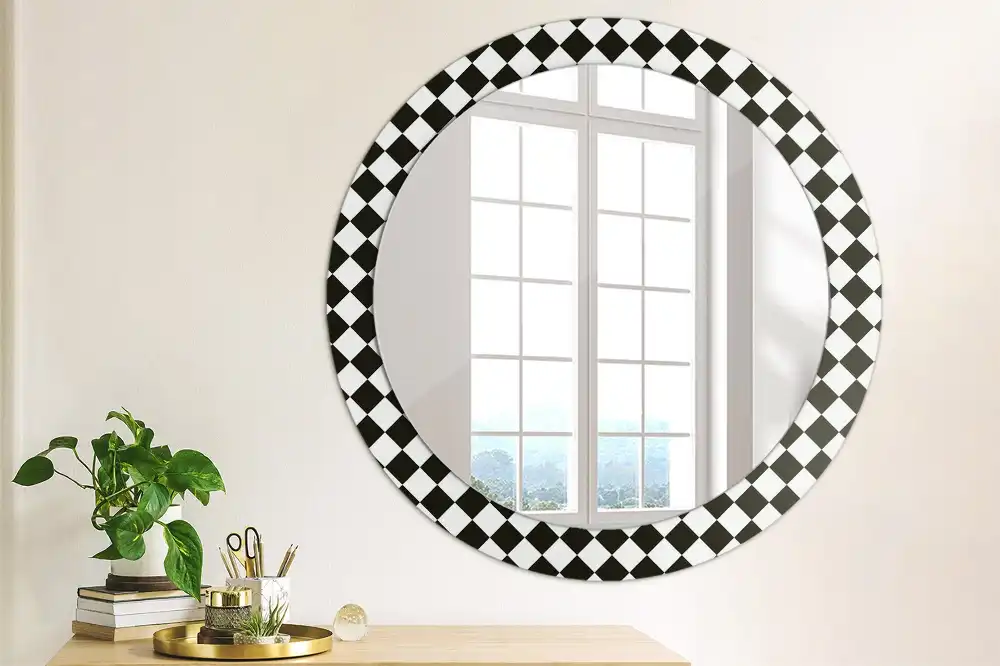 Miroir rond cadre avec impression motif damier pour bureau