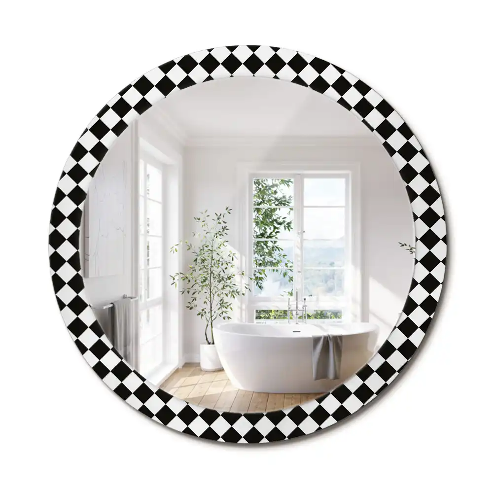 Miroir rond cadre avec impression motif damier pour bureau