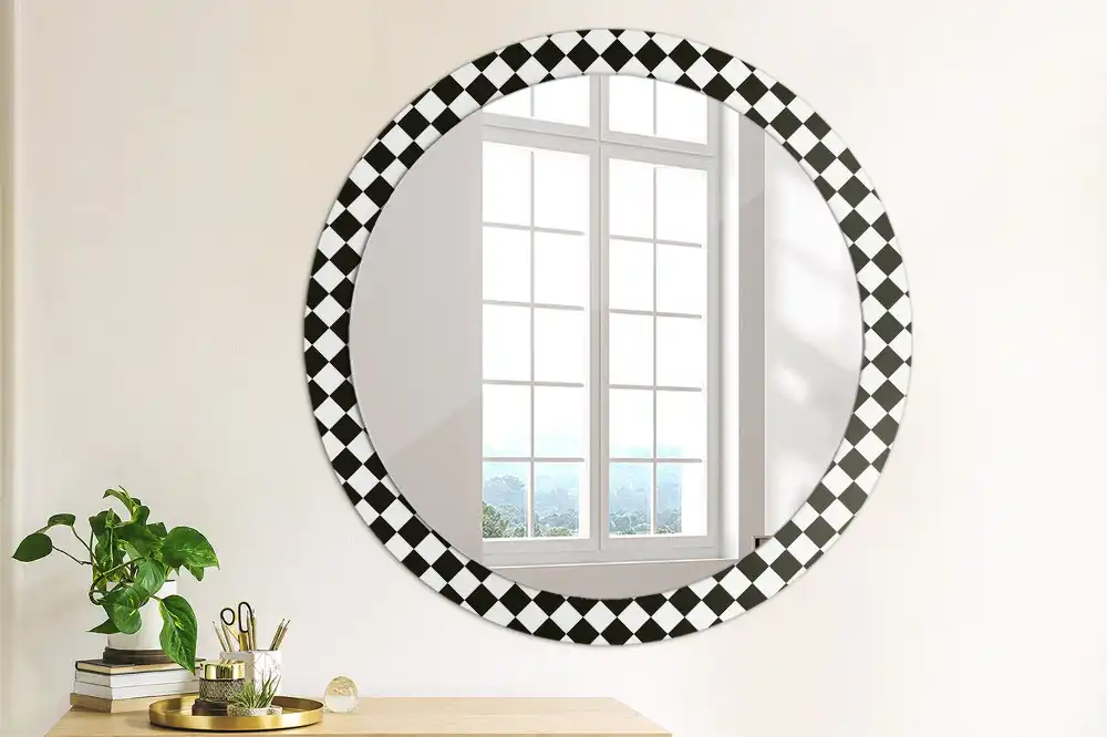Miroir rond cadre avec impression motif damier pour bureau