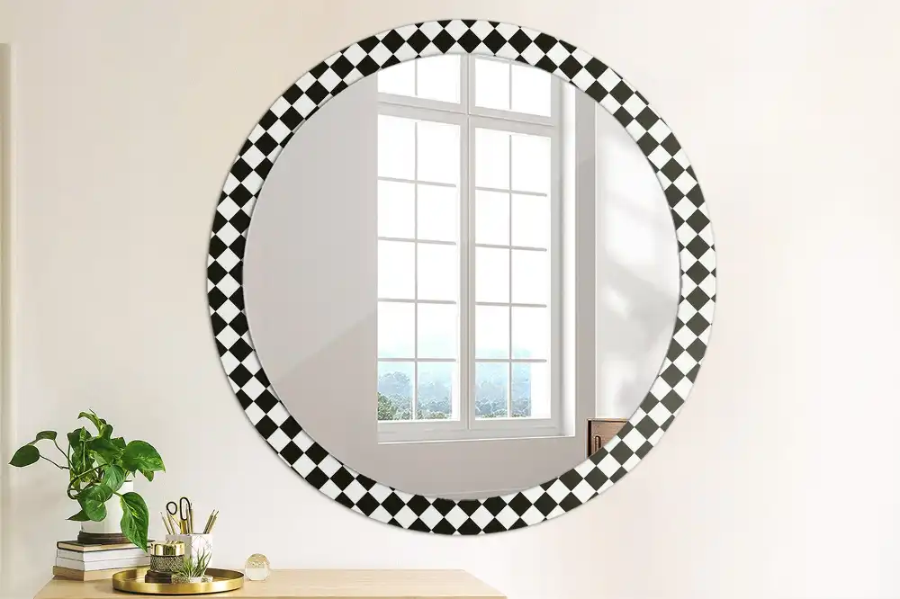 Miroir rond cadre avec impression motif damier pour bureau