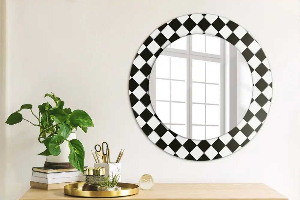 Miroir rond cadre avec impression motif damier pour bureau