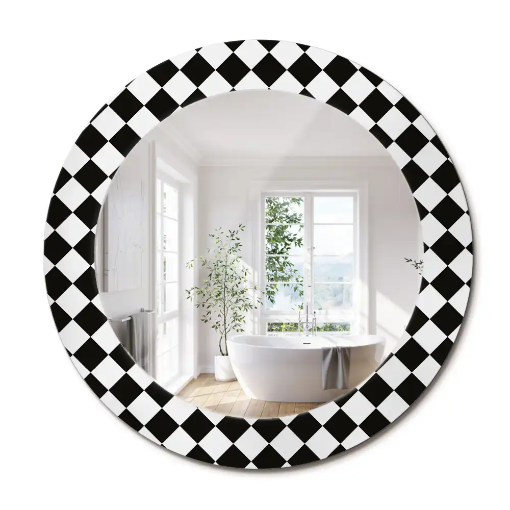 Miroir rond cadre avec impression motif damier pour bureau