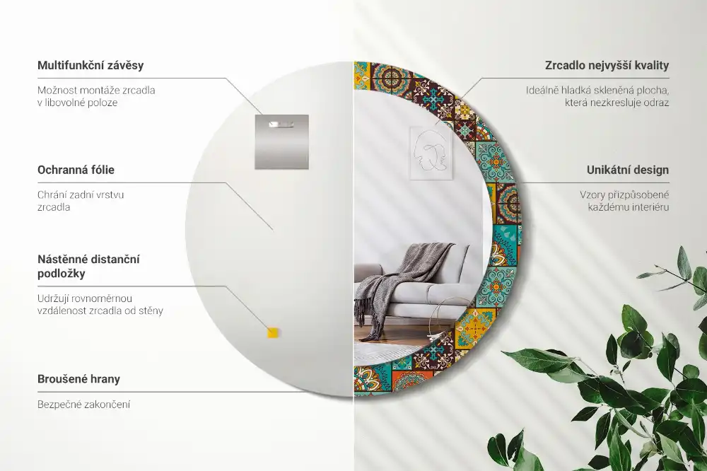 Miroir rond cadre avec impression motif arabe