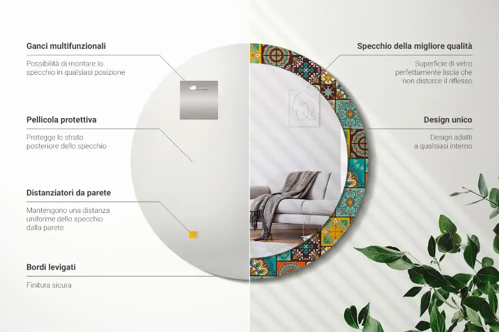 Miroir rond cadre avec impression motif arabe