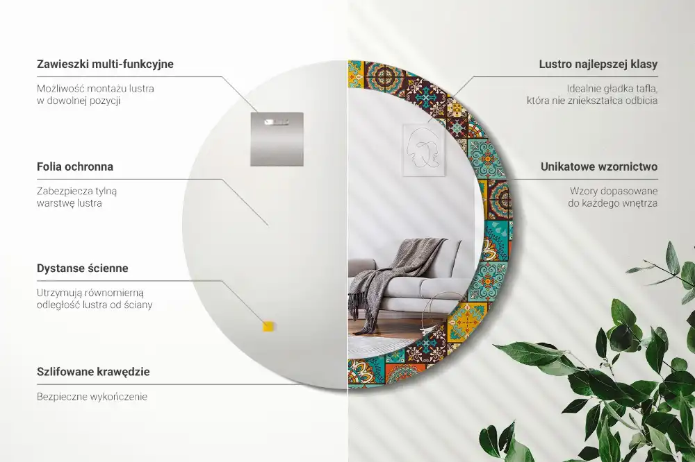 Miroir rond cadre avec impression motif arabe