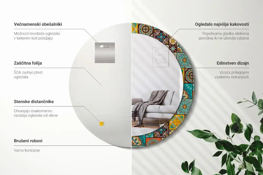 Miroir rond cadre avec impression motif arabe