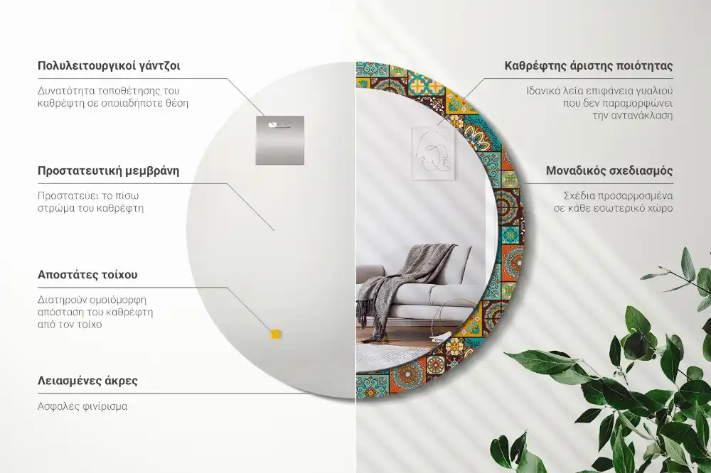 Miroir rond cadre avec impression motif arabe