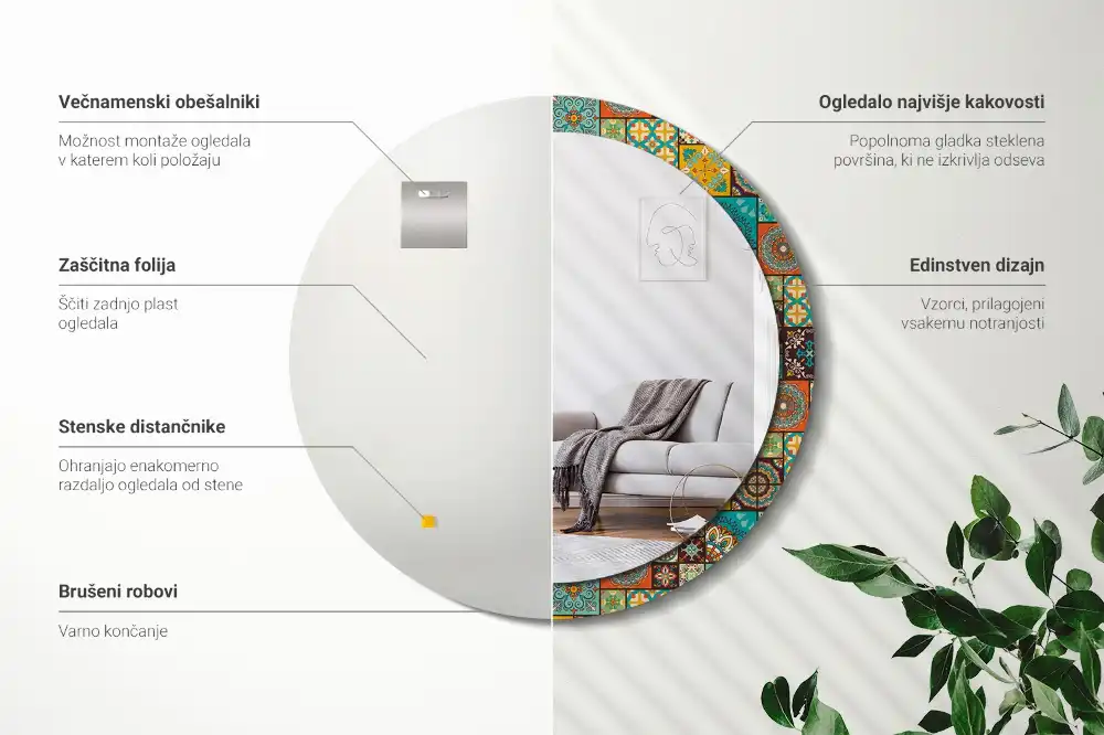 Miroir rond cadre avec impression motif arabe