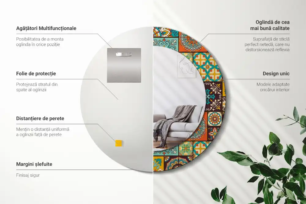 Miroir rond cadre avec impression motif arabe