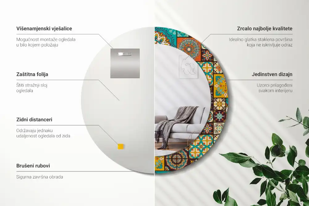 Miroir rond cadre avec impression motif arabe