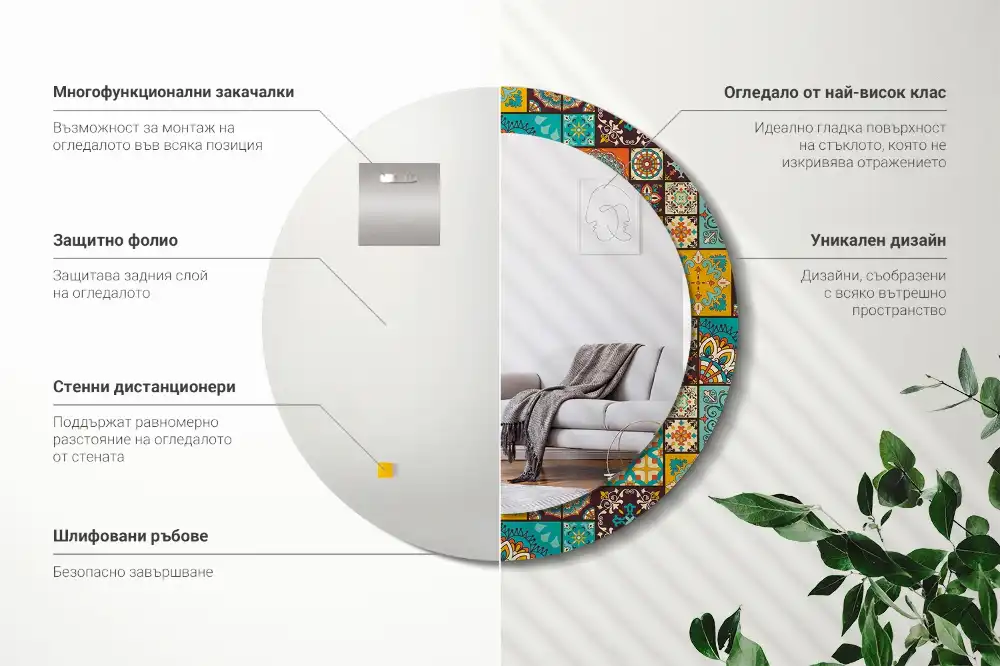 Miroir rond cadre avec impression motif arabe