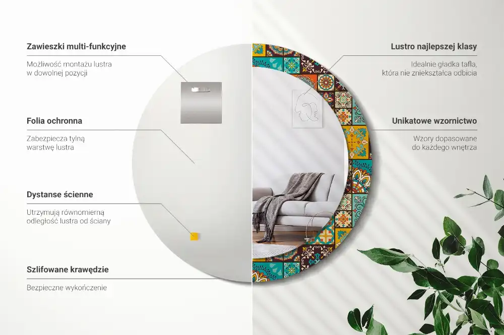 Miroir rond cadre avec impression motif arabe