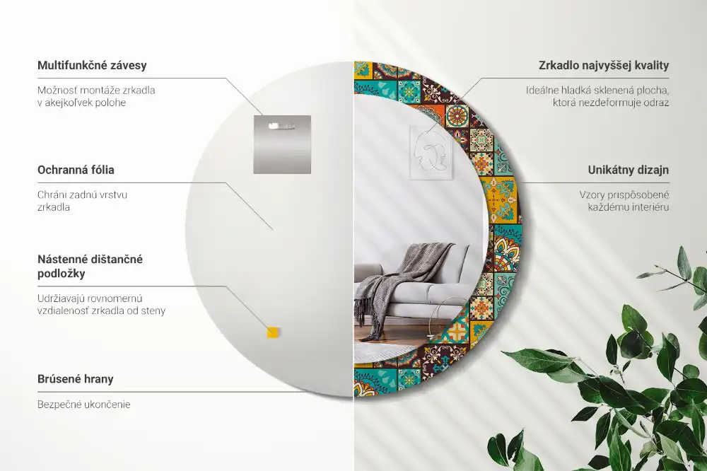 Miroir rond cadre avec impression motif arabe