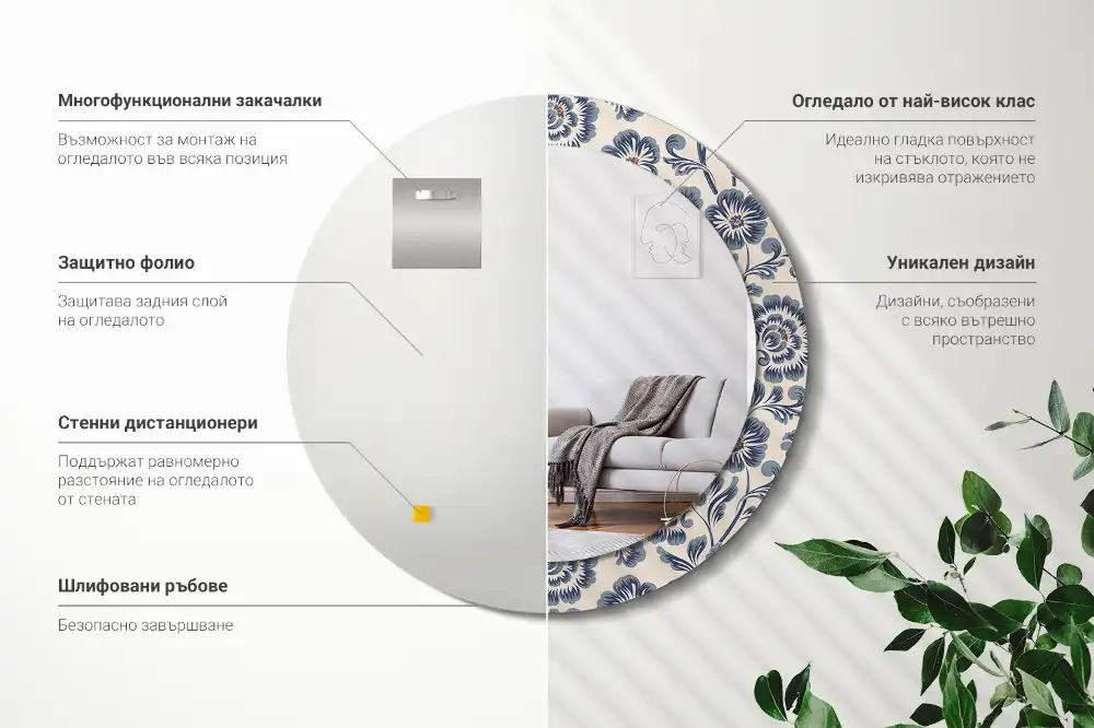 Miroir rond imprimé motif fleuri