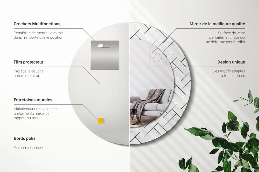 Miroir rond cadre imprimé motif chevron
